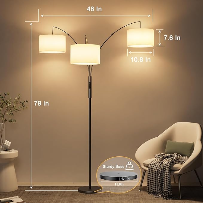 SIBRILLE 36W RGB Arc Floor Lamp with 3 White Fabric Shades, 3000LM Super Bright Standing Lamp with Remote Control & Touch, Stepless Dimming, Individual Light Control for Living Room, Bedroom