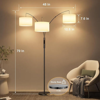 SIBRILLE 36W RGB Arc Floor Lamp with 3 White Fabric Shades, 3000LM Super Bright Standing Lamp with Remote Control & Touch, Stepless Dimming, Individual Light Control for Living Room, Bedroom