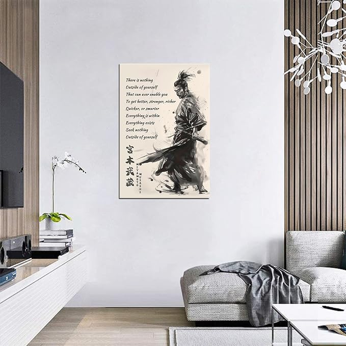 Japanese Samurai Wall Art Miyamoto Musashi Canvas Prints Vintage Japanese Artwork Motivational Poster Inspirational Quotes Painting for Men Bedroom Living Room Office (18''W x 24''H)