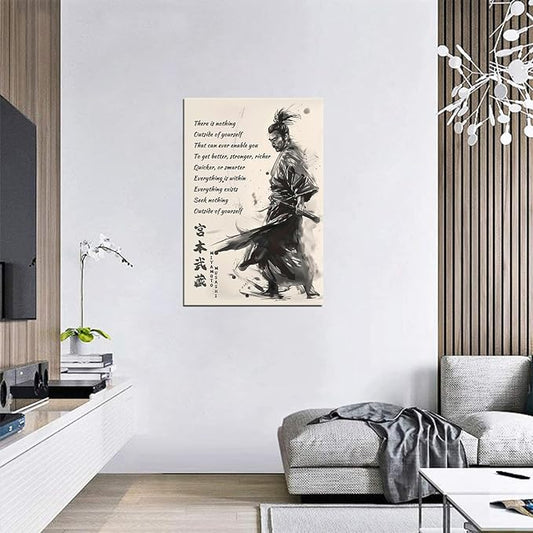 Japanese Samurai Wall Art Miyamoto Musashi Canvas Prints Vintage Japanese Artwork Motivational Poster Inspirational Quotes Painting for Men Bedroom Living Room Office (12''W x 16''H)