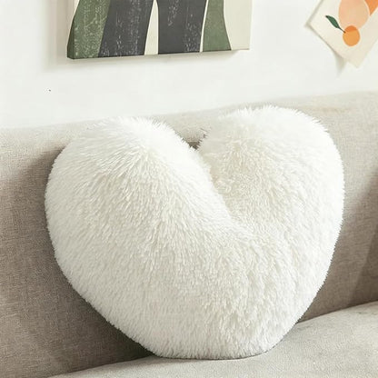 MorroMorn Fluffy Heart Throw Pillows, Shaggy Decorative Pillow for Sofa Couch Bed, Cute Room Decor Decorations for Women Girls Kids (White)
