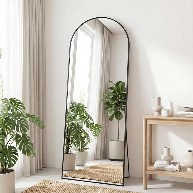 Sweetcrispy 65"x24" Arched Full Length Mirror, Full Body Mirror with Aluminum Alloy Thin Frame, Leaning or Standing, Suitable for Bedroom, Livingroom, Cloakroom, Black