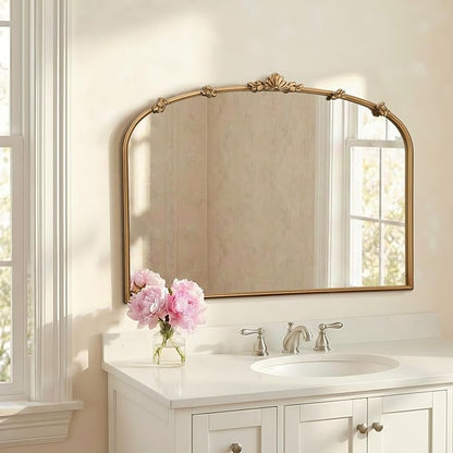 Besdomus Large Vintage Gold Mirror: 40"x29" Traditional Ornate Antique Arched Mirror - French Baroque Decorative for Wall/Mantel/Bedroom/Entryway/Bathroom/Hallway - Home Decor for Fashion-Conscious