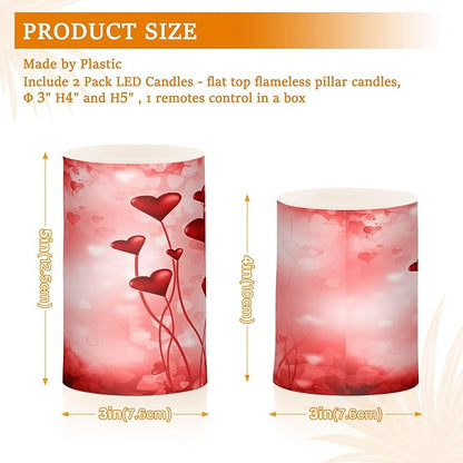 ALAZA Pink Hearts Flickering Flameless Candles Battery Operated with Remote Timer,Tea Light Candles LED Pillar Votive Candles Set of 2 for Outdoor Indoor Decorations
