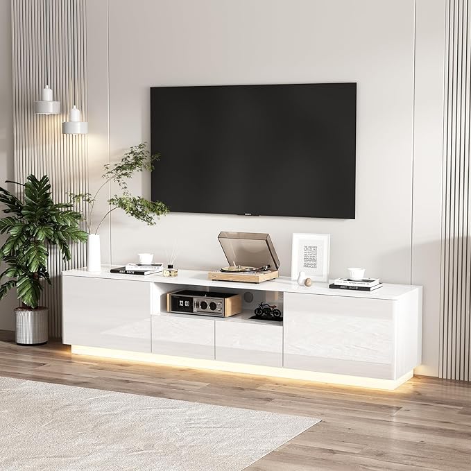 70” LED TV Stand, High Gloss TV Stand with Lights, Modern Glossy Media Console with 4 Drawers & Open Shelf, Entertainment Center for Living Room White, 14.5”D x 70.8”W x 17.3”H