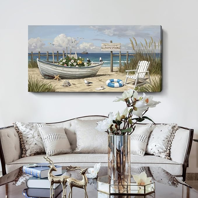 Large Seaside Wall Art, Modern Natural Canvas Wall Decor. Floral Coastal Boat Landscape Print Picture, Romantic Coastal Artwork For Living Room, Bedroom, Bathroom, Kitchen, And Study. 48X24 Inches.