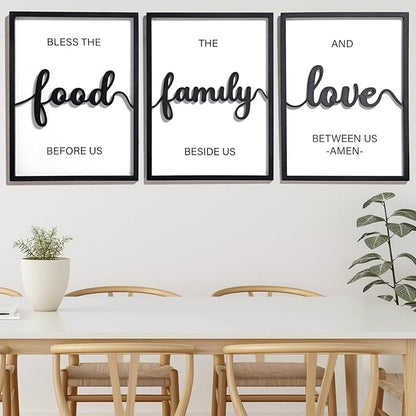 3D Wood Bless The Food Before Us Wall Decor, 36" x 16" Framed Kitchen Wall Art for Dining Room Wall Decor(Ready to Hang, 12x16 inches, Set of 3, Framed)