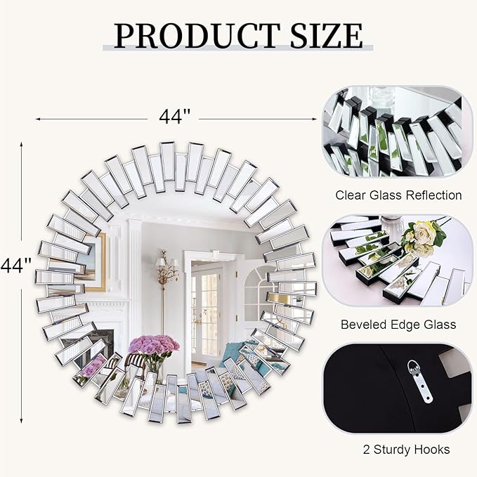 Chende Round Mirrors for Decor, 44'' Large Decorative Wall Mirror with 3D Frame Beveled Glass, Frameless Circle Mirror for Living Room, Dining Room, Bathroom, Entryway, Bedroom