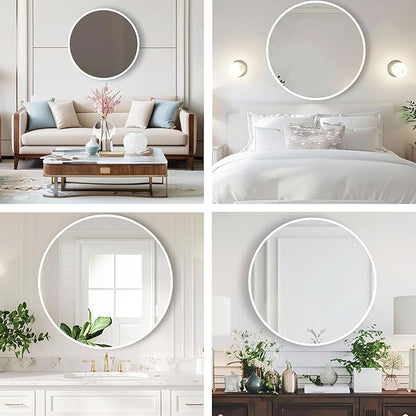 Round White Mirror, 30 Inch Circle White Mirror, Metal Frame Round Wall Mounted Mirrors for Bathroom, Living Room, Bedroom, Entryway, Vanity