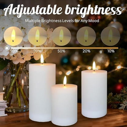 LEDHOLYT Rechargeable Flameless LED Pillar Candles–Luminous Real Wax Indoor Home Decor–Set of 3, Realistic Flickering LED Flame,Remote & Timer, USB-Rechargeable（White）