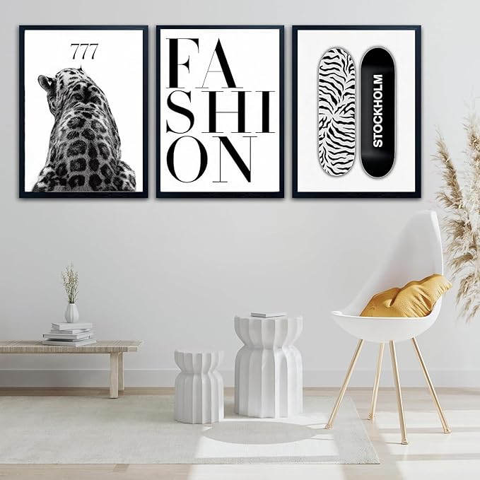 SUOLIUKJYS 3Pcs Trendy Leopard Wall Art Black White Cheetah Wall Decor Fashion Aesthetic Canvas Posters Preppy Stockholm Prints Stylish Cheetah Pictures Y2k Painting For Bedroom 16X24 Inch Unframed