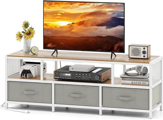 Tangkula Farmhouse TV Stand for TVs up to 65", 3-Tier Entertain Center with Power Outlets USB Charging, Media Console Table with Open Shelf & 3 Fabric Storage Drawers for Living Room (Natural)