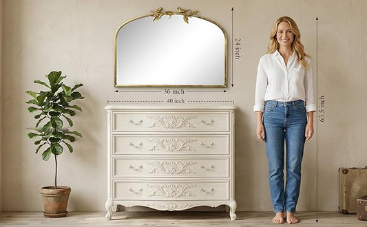 Horizontal Gold Vintage Mirror - 36x25.5 Inch, Arched Antique Mirror with Ornate Frame for Bathroom, Living Room, Fireplace, Entryway