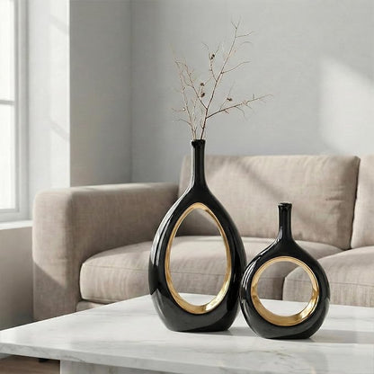 Black and Gold Vase Ceramic Black Vases Home Decor,Modern Minimalist Circle with Hole Decorative Vase, Hollow Ellipse Flower vases for Bookshelf, Fireplace Mantle, Centerpieces,Farmhouse,Rustic Décor