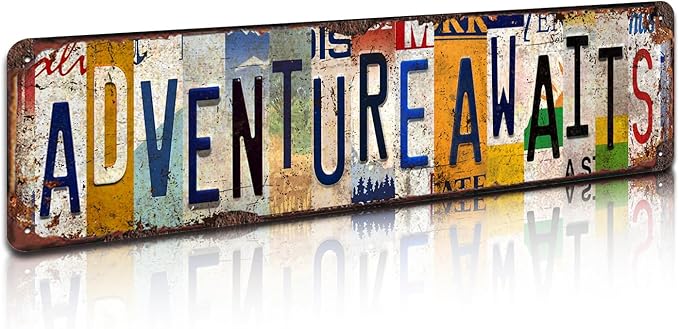 Adventure Awaits Vintage Metal Tin Sign - Rustic Inspirational Wall Art for Home, Office, Cabin, Travel Décor - 4x16 Inch