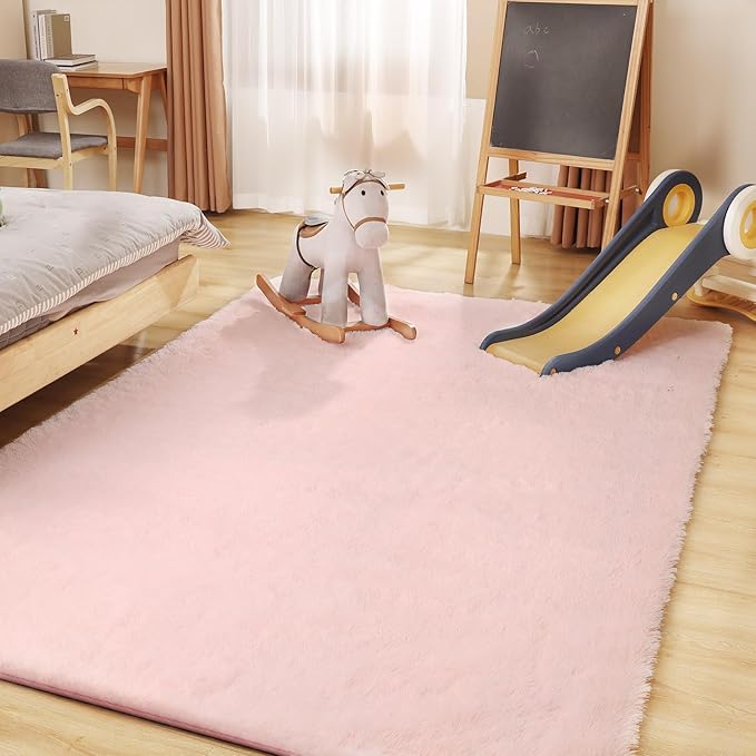 Puremy Fluffy Pink Area Rug, 4x6 Shag Rugs for Bedroom, Soft Plush Area Rugs for Living Room, Non-Slip Indoor Carpet for Nursery, Study Room, Playroom, Home Decor