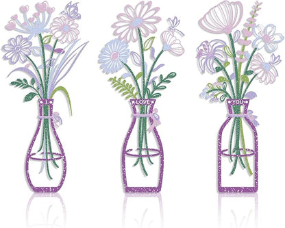 Metal Flower Wall Decor, 3-Piece Purple-Pink Metal Floral and Vase Art, Minimalist Wall Sculptures for Living Room, Bedroom, Bathroom, Kitchen, Lightweight and Easy to Hang