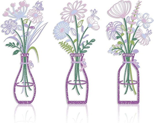 Metal Flower Wall Decor, 3-Piece Purple-Pink Metal Floral and Vase Art, Minimalist Wall Sculptures for Living Room, Bedroom, Bathroom, Kitchen, Lightweight and Easy to Hang
