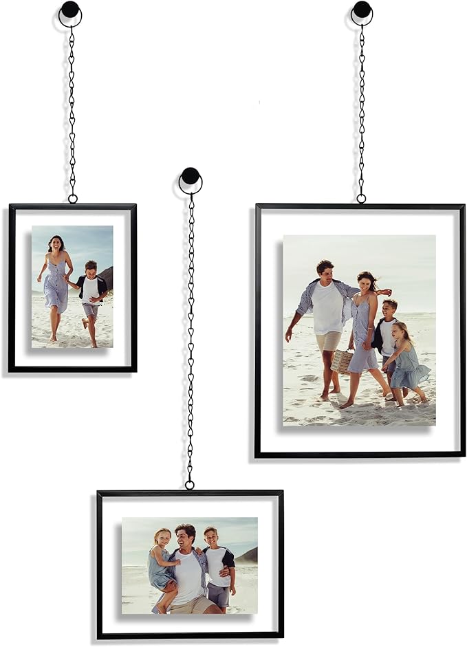 Americanflat Metal Floating Frame with Chain - Set of 3 - Use as 8x10, 5x7 or 4x6 Frame - Pressed Flower Display for Wall Decor - Elegant Black Molding with Shatter-Resistant Glass