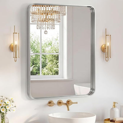 NEWBULIG 28X36 Inch Bathroom Mirror for Over Sink, Wall Vanity Mirrors Tempered Glass, Anti-Rust Metal Framed Rounded Rectangle, Hangs Horizontally or Vertically, Farmhouse Home Decor, Silvery