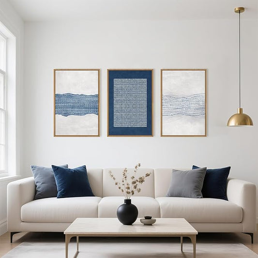 Large Abstract Navy Blue and White Framed Canvas Wall Art Set,Modern Neutral Geometric Waves Lines Dots Wall Decor,Mid Century Minimalist Boho Artwork for Living Room,Bedroom,Office- 16"x24"x3