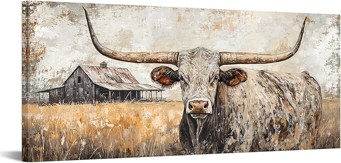 Artmyharbor Rustic Longhorn Bull Canvas Wall Art Large Western Ranch Decor Farmhouse Barn Landscape Picture 20 x 48 inches