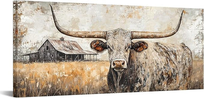 Artmyharbor Rustic Longhorn Bull Canvas Wall Art Large Western Ranch Decor Farmhouse Barn Landscape Picture 20 x 48 inches