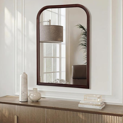 Wood Bathroom Mirror for Wall,Arched 24 x 36 inch Hanging Vanity Dark Brown Tempered Mirrors with Rounded Corner for Living Room,Bedroom,Entryway