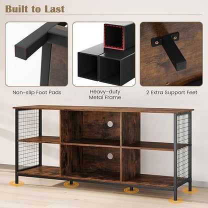Giantex Industrial TV Stand for TVs up to 65 Inch, 3-Tier Entertainment Center with Power Outlets, Metal Mesh Sides & 2 Cable Holes, 6-Cube TV Console Table for Living Room, Bedroom, Rustic Brown