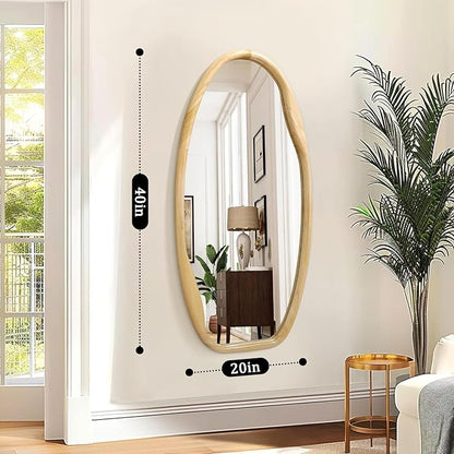 JJUUYOU Irregular Wood Frame Wall Mirror Asymmetrical Mirrors for Wall 40"X20" Decorative Wooden Hanging Mirror for Bathroom Bedroom Living Room Cloakroom Entryway Wood