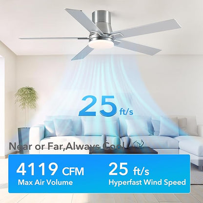 52 Inch Ceiling Fans with Lights and Remote,Flush Mount Brushed Nickel Ceiling Fan,6 Speed Reversible DC Motor, 3CCT Dimmable LED-Low Profile Design for Bedroom, Living room & Covered Outdoor