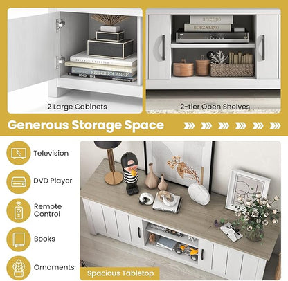 Tangkula 2 Doors TV Stand for TVs up to 65”, 57” Media Console Table w/ 2 Cabinets & Open Shelves, 2 Cable Management Holes. Wood Entertainment Center Cabinet for Living Room (White Oak)