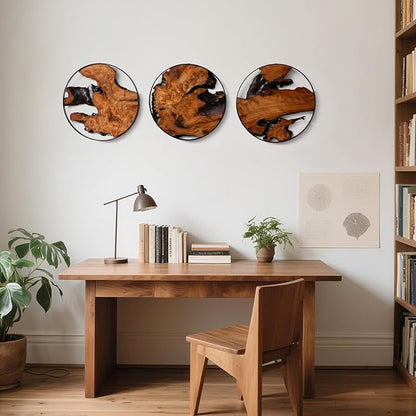 WELLAND 3 Pieces Round Cedar Wood Wall Art Decoration Ornaments, 11.81" L x 0.87" W x 11.81" H, Hanging Decoration for Home Office, Living Room, Bedroom, Bathroom, Dining Room, Entryway