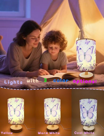 Butterfly Lamp, Kids Lamps for Bedrooms Girls, 3 Color Changing LED Night Light with 9 Brightness Levels Wood Nightstand Desk Base Flaxen Fabric Shade for Bedroom Living Room (Purple Butterfly)