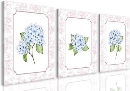 Blue Hydrangea Wall Art Set of 3, Preppy Blue Hydrangea Canvas Prints Poster Picture, Floral Aesthetic Wall Decor for Teen Girls Bedroom Dorm Apartment 16x24 Inch Framed