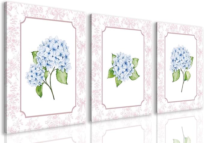 Blue Hydrangea Wall Art Set of 3, Preppy Blue Hydrangea Canvas Prints Poster Picture, Floral Aesthetic Wall Decor for Teen Girls Bedroom Dorm Apartment 12x16 Inch Framed