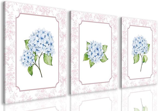 Blue Hydrangea Wall Art Set of 3, Preppy Blue Hydrangea Canvas Prints Poster Picture, Floral Aesthetic Wall Decor for Teen Girls Bedroom Dorm Apartment 12x16 Inch Framed