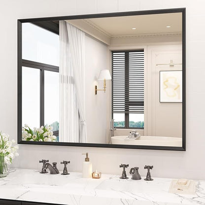 JISOSO Rectangle Bathroom Mirror 40x30 Inch, Matte Black Framed, 4MM Tempered Glass, Anti-Rust, Wall-Mount Vanity Mirror for Bathroom & Bedroom, Hangs Horizontally or Vertically