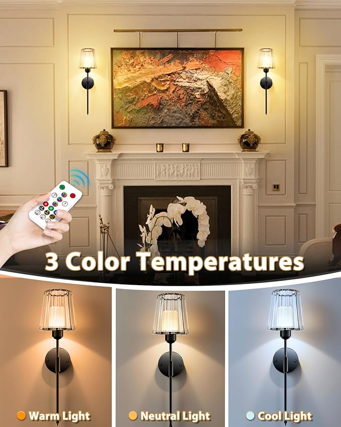 Adetu Crystal Battery Operated Wall Sconce Set of 2, Gold Rechargeable Wall Sconce with 10000mAh Magnetic Bulbs and Remote Control, RGB Dimmable Wireless Battery Wall Lights for Bedroom Living Room