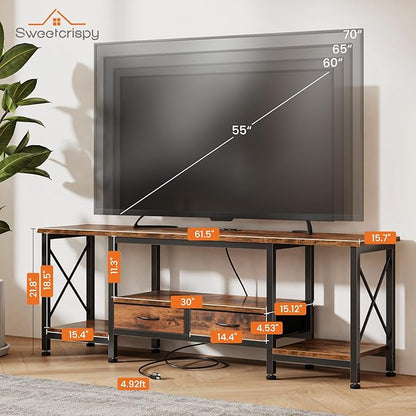 DUMOS 63” TV Stand with Power Outlets, Entertainment Center for TVs Up to 75 Inches, Industrial Media Console with Fabric Drawers and Open Shelves, Rustic Brown TV Table for Living Room, Bedroom