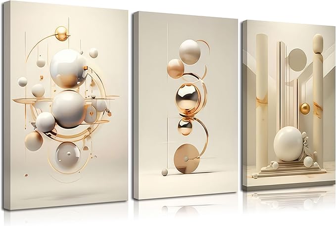 3pcs Modern Three-Dimensional Geometric Spheres Canvas Wall Art Abstract Luxury Beige Gold Wall Decor Pictures Minimalist Medieval Posters Prints for Bedroom Living Room Office Scene Home Decoration