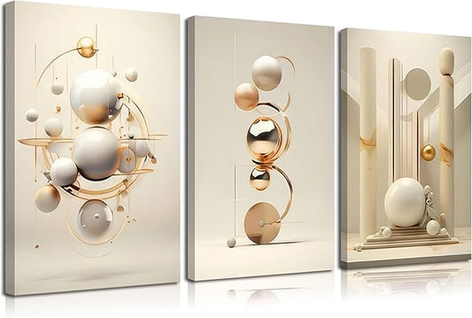 3pcs Modern Three-Dimensional Geometric Spheres Canvas Wall Art Abstract Luxury Beige Gold Wall Decor Pictures Minimalist Medieval Posters Prints for Bedroom Living Room Office Scene Home Decoration