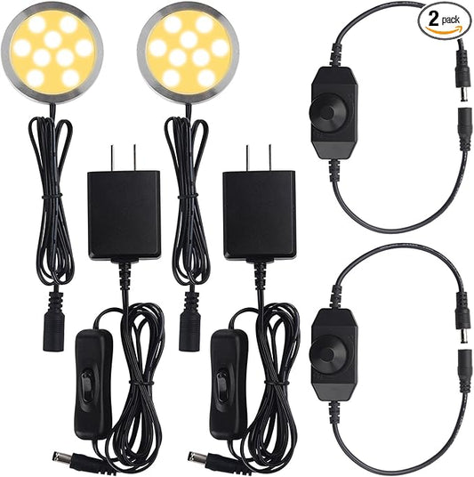 Under Cabinet Light 2.5", Single LED Puck Light for Curio Kitchen Display Shelf Lighting, Dimmer Switch, 120VAC Plug in, Black Cord, 2 Packs, Warm White
