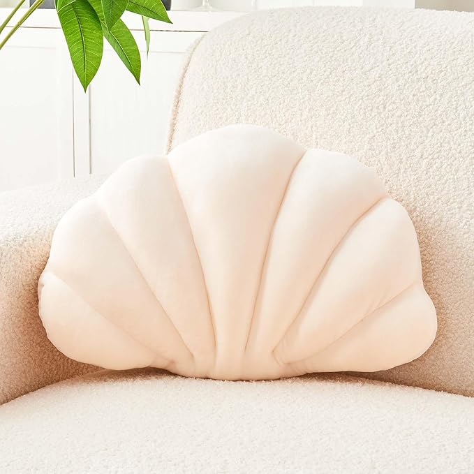 Uvvyui Beige Seashell Decorative Throw Pillow, Soft Velvet Shell Shaped Pillow, 13x10 inches