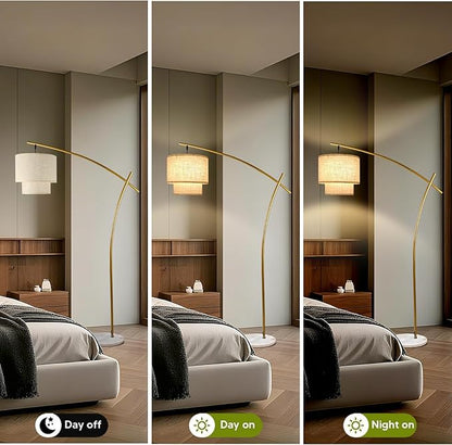 Lightdot Arc Floor Lamp for Living Room, Modern Standing Tall Lamps with Double Linen Shade, Tall Hanging Pole Lamp with Stable Base & Bulb Included for Bedroom/Sofa Beside/Corner Decor-Gold