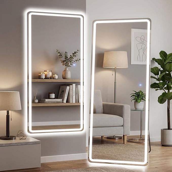 26"×71" LED Full Length Mirror with Stand, Full Body Wall-Mount Mirror with LED Lights 3 Color Lighting, Hanging or Leaning, Floor Standing, Modern Simple Home Wall Decor