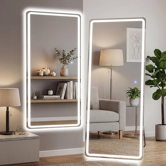 26"×71" LED Full Length Mirror with Stand, Full Body Wall-Mount Mirror with LED Lights 3 Color Lighting, Hanging or Leaning, Floor Standing, Modern Simple Home Wall Decor
