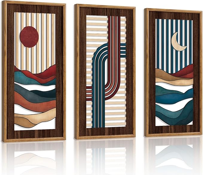HPNIUB 3PCS Boho Abstract Wood Wall Art, Modern Geometric Artwork Bohemian Sun and Moon Wall Decor, Rustic Minimalist Line Mid-century Hanging Decor for Living Room Bedroom Apartment(8x16Inch)