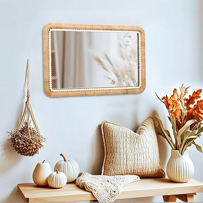 FUIN 30x20 Inch Rattan Wall Mirror with White Bead Trim, Handmade Boho Bathroom Vanity Mirror, Natural Rectangular Hanging Mirror for Bedroom, Living Room, Entryway, Vertical or Horizontal Mount