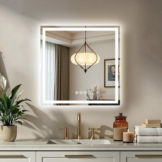 30x30 LED Bathroom Mirror with Lights, Anti-Fog, Backlit + Front Lit (CRI>90), Lighted Bathroom Vanity Mirror for Wall, Memory Function, Dimmable, Tempered Glass, Shatter-Proof